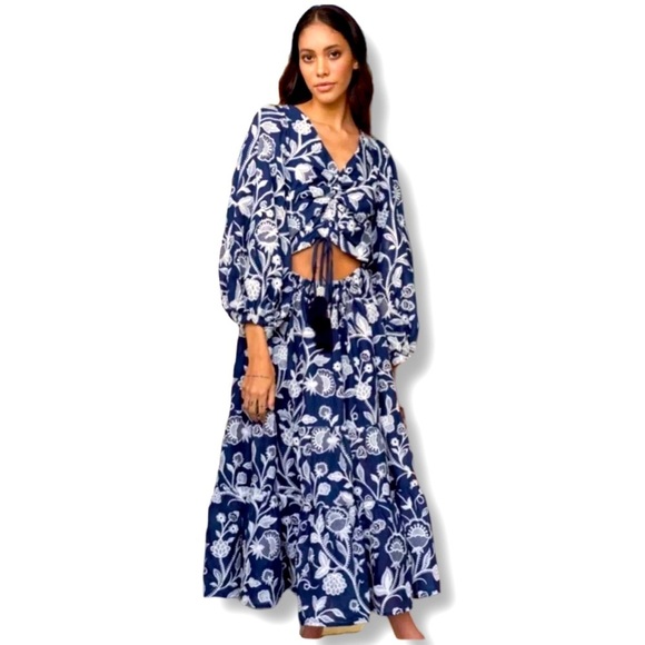 WAIMARI Emanuelle Navy Blue White Embroidered Midi Dress Cut Out Resortwear Sz M - Picture 1 of 16